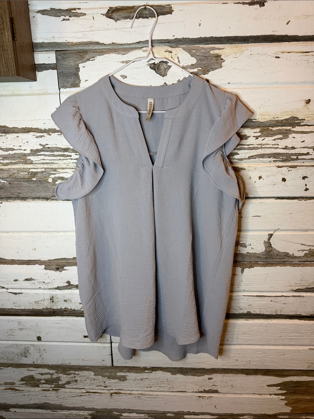 Zenana Outfitters Light Gray Ruffle Sleeve Blouse